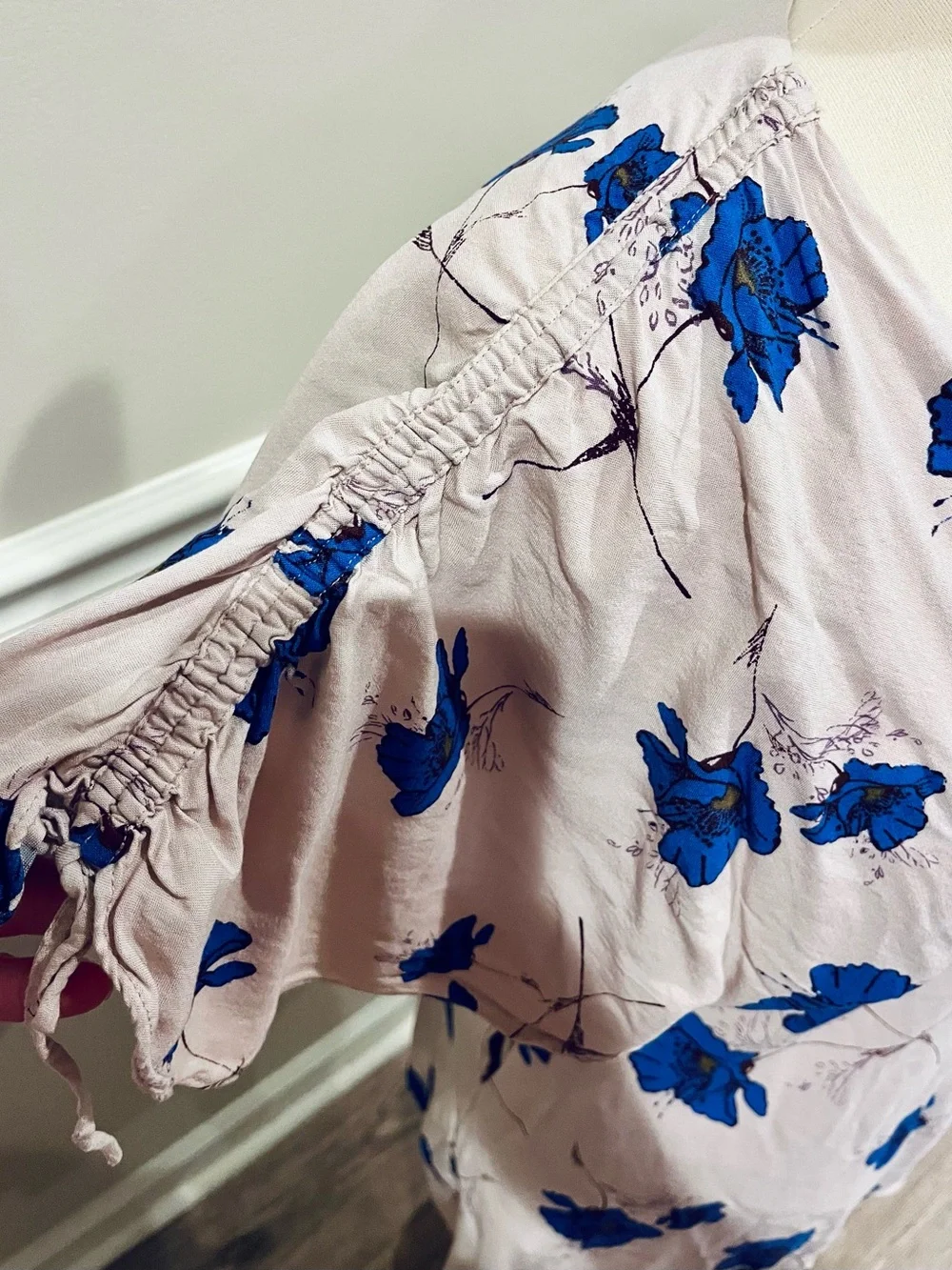 Free People Melanie Cream Mini Dress with Blue Floral Print